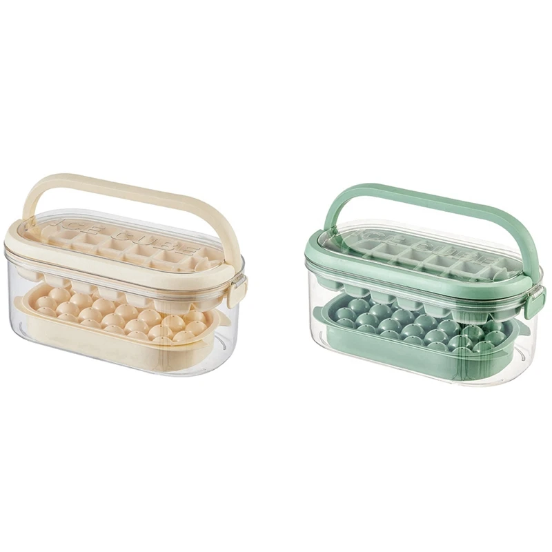 

AT69 -Ice Cube Tray With Lid And Portable Ice Bin, Round Ice Trays, Ice Bucket With Cover&Handle And Ice Scoop, Set Of 2