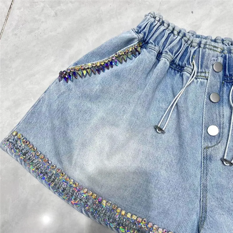 2023 Summer New Denim Shorts Exquisite Rhinestone Beaded High Waist Shorts Slimming Wide-Leg Loose Casual Short Pants Female