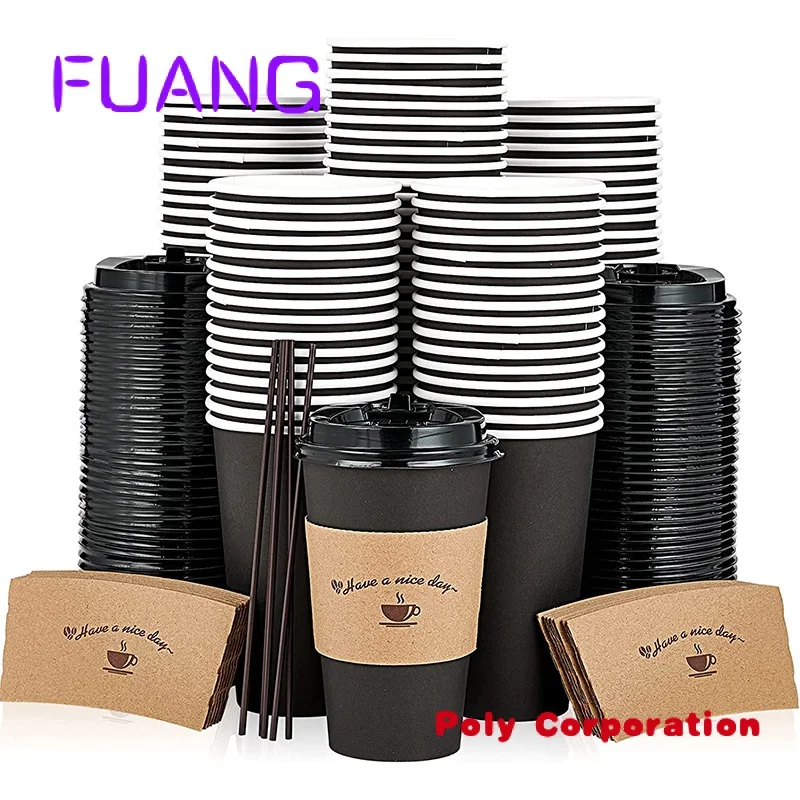 4oz 8oz 12oz 16oz Disposable Double Wall Gold Foil Stamping Custom Logo All Black Hot Coffee Paper Cup With PS Lid