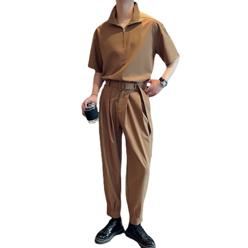 Summer Men Sets Short Sleeve Pullover Shirt Harem Pant Suits Male Korean Streetwear Fashion Loose Casual Shirt Pant Tracksuits