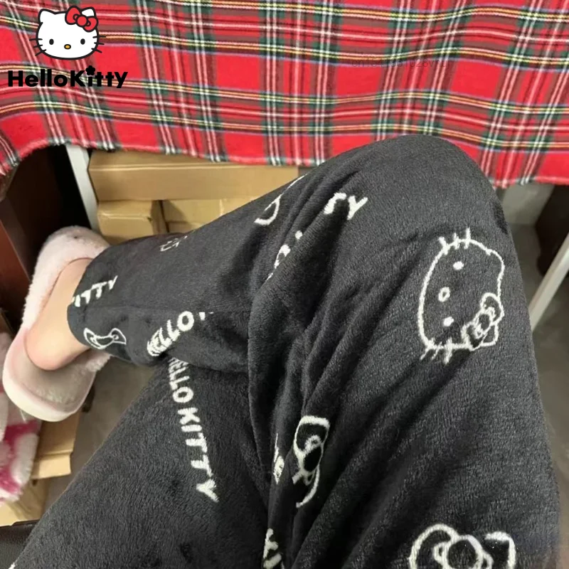 Sanrio Hello Kitty Pajamas Pant Y2k Kawaii Cartoon Flannel Home Pants Women Autumn Winter Coral Velvet Plush Warm Casual Pants
