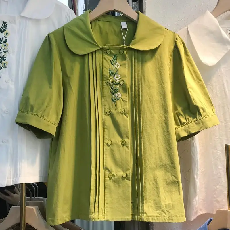 

Green Flower Embroidery Women Shirts Summer Vintage 2022 Sweet Style Solid Short-Sleeved Slim Elegant Female Outwear Tops