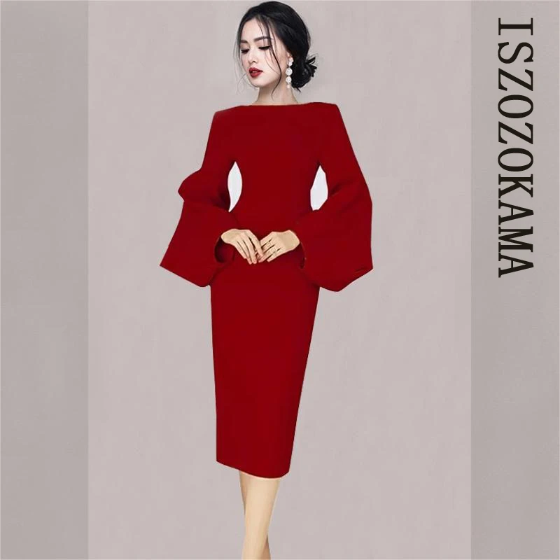 

ISZOZOKAMA красное сексуальное вечернее облегающее платье, Коран, женское свадебное цельное платье с длинным рукавом, бордовые вечерние платья ...
