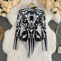 womens jumpsuit printed one piece top sexy slim fit stand collar bottoming bodysuit womens workwear shorts