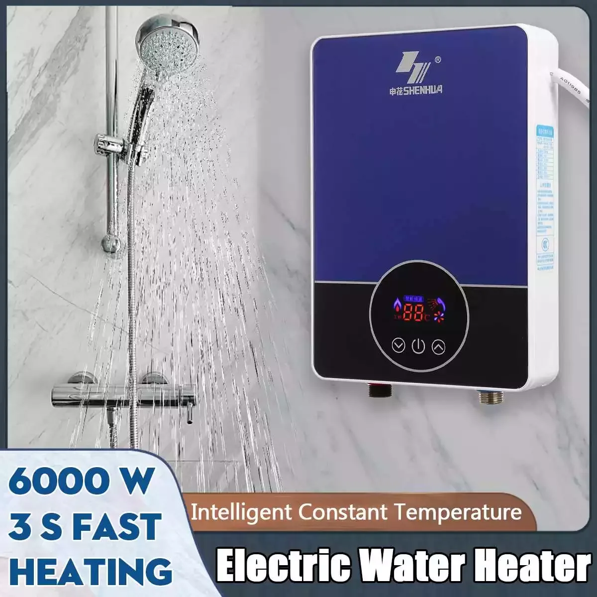

6000W Smart Electric Water Heater Remote Control Instantaneous Tankless Water Heater Kitchen Bathroom Shower Water Fast Heating