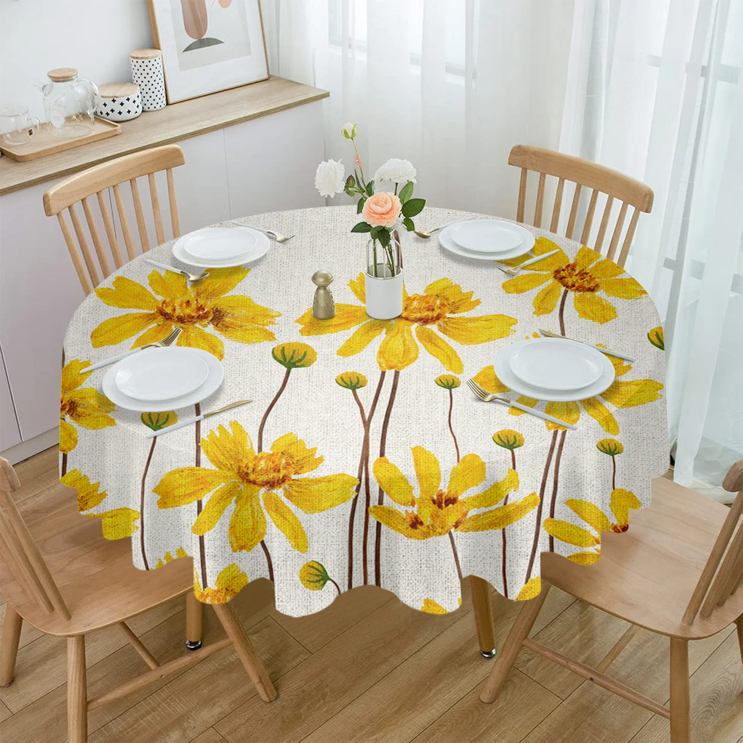 

Watercolor Yellow Flowers Bees Round Tablecloth Party Kitchen Dinner Table Cover Holiday Decor Waterproof Tablecloths
