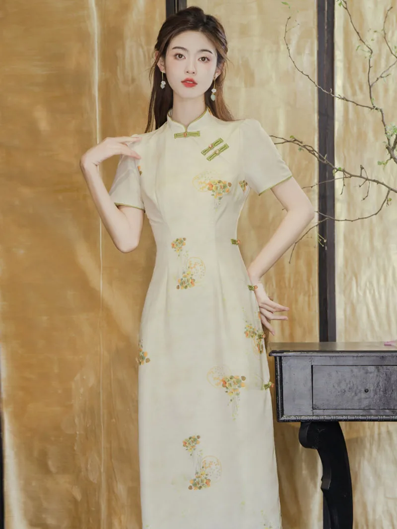 2023 New Chinese Style Long Cheongsam High-fashion Elegant Floral Qipao Wedding Party Costumes Women Summer Beige Dress