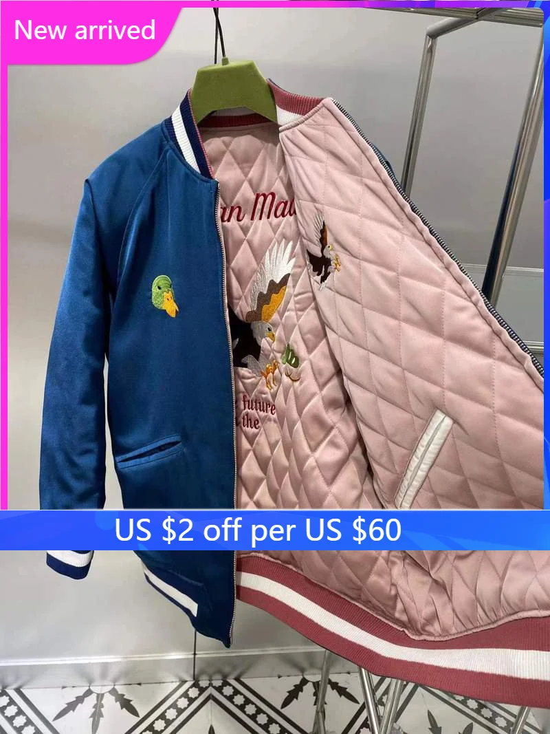 

Куртка ручной работы с вышивкой Летающая утка Орел двусторонние тяжелые Промышленные хлопковые куртки для мужчин и женщин одежда