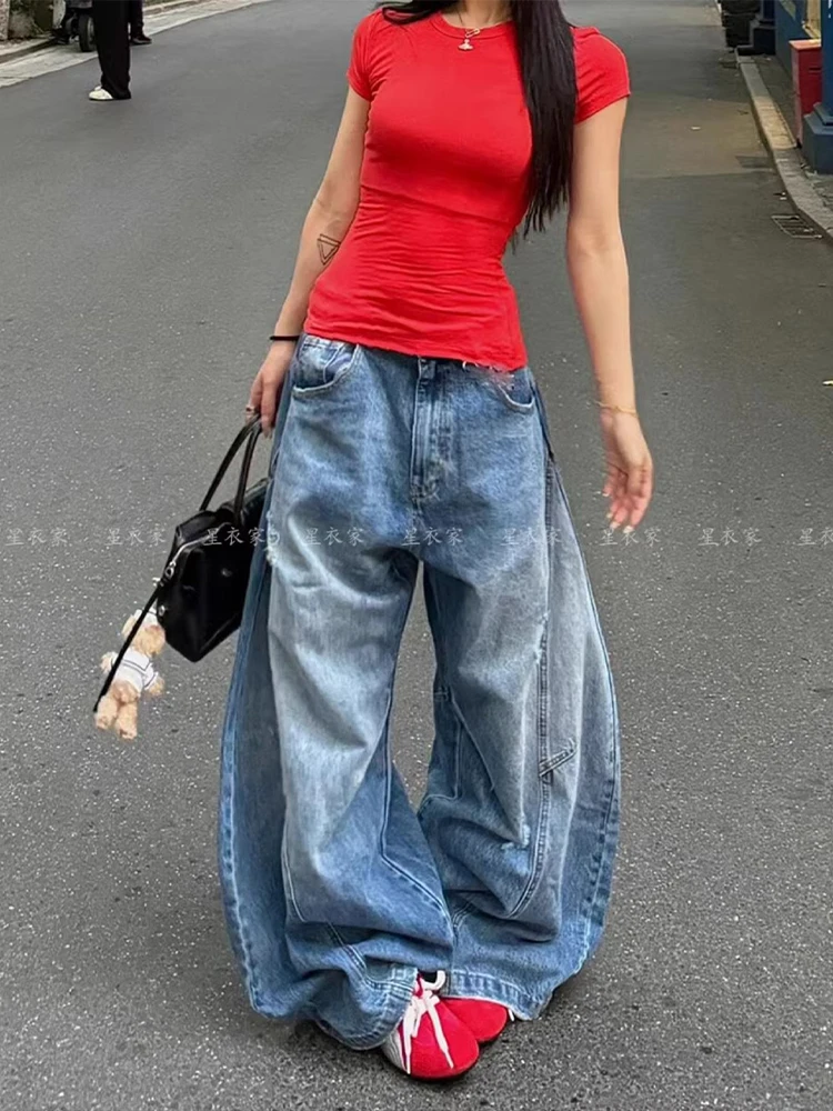 Женские синие мешковатые джинсы Y2k в стиле Харадзюку 90-х эстетические джинсовые
