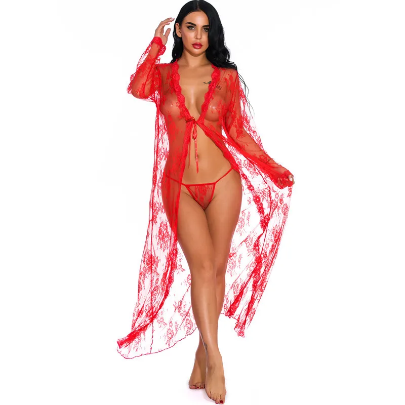 

Womens Sexy Long Kimono Dress Lace Bath Robe Lingerie Nightdress Nightgown Nightwear See Though Sheer Dress