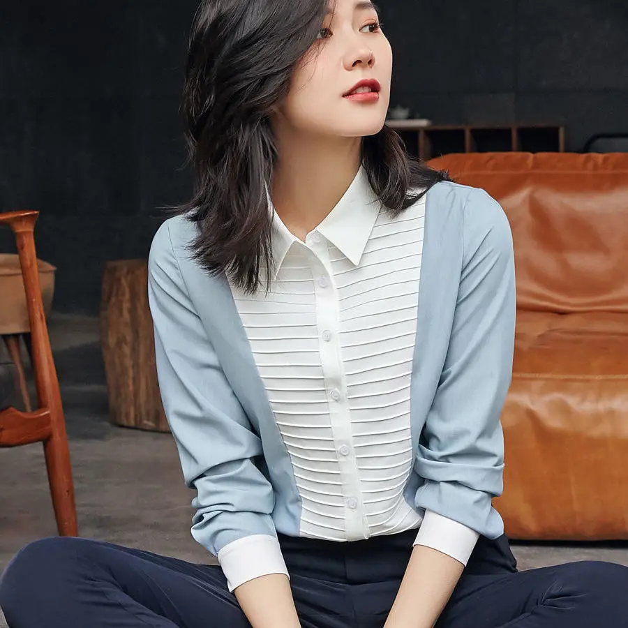 

2022 Women Blouses Casual Loose Tops Long Sleeves Blue Button Turn-down Collar Female Tee Shirts Basic Ladies Clothing J06