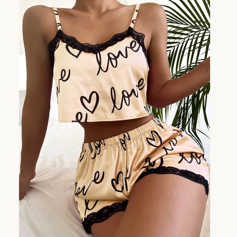 

Nighty Homewear Set Pijama Lingerie Print Tanks Underwear Ladies Women's Shorts Pieces Two Loungewear Pajama Sexy Camisoles Suit