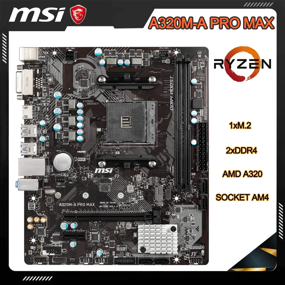 

MSI A320M-A PRO MAX Motherboard Socket AM4 For Ryzen 5 2600 Cpus 2xDDR4 AMD A320 32GB PCI-E 3.0 USB3.1 Micro ATX 1×PCI-E X16 DVI