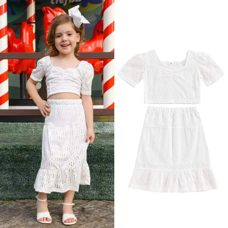 

2-7 Y Girl Clothes Set Short Puff Sleeve Square Neck Solid Color Crop Tops Elastic Waist Long Skirt Kids Elegant Summer Clothing
