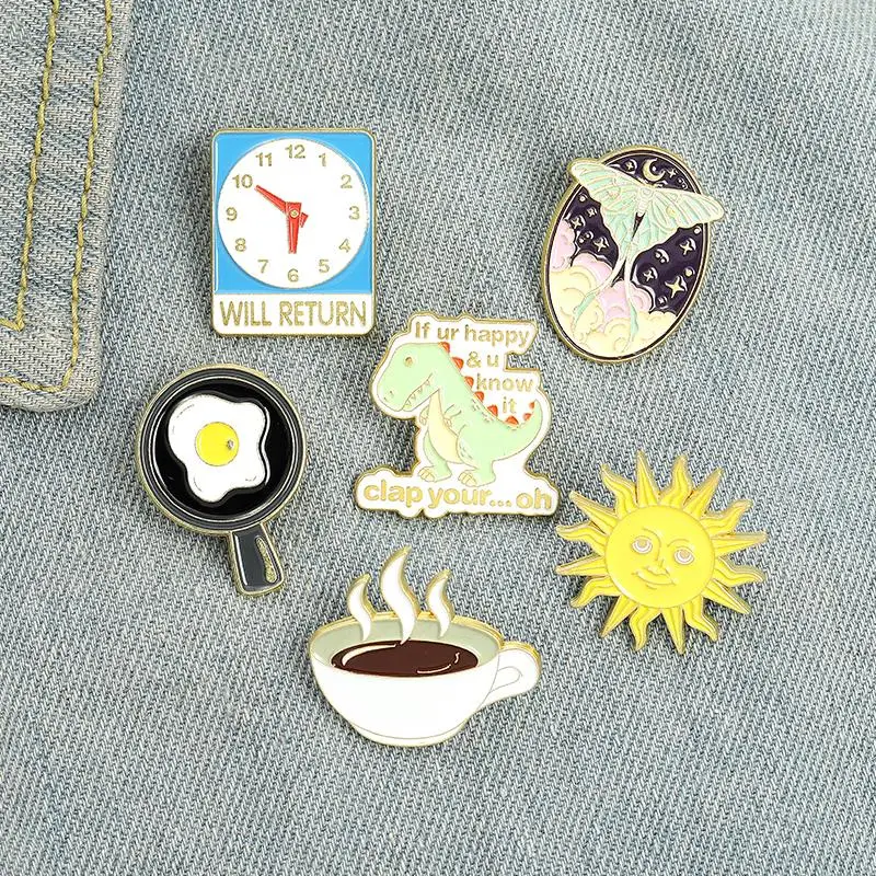 Часы жареное яйцо кофе солнце динозавр эмалевые заколки на заказ Повседневная