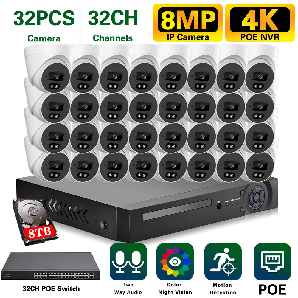 

32CH H.265+ 4K NVR 8.0MP Indoor Outdoor Color Night Vision Two Way Audio POE IP Camera Kit HD 8MP Video Security Camera System