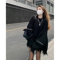 2022 knitwear top for women spring and autumn new ripped special design sweet cool style small man mid length sweater