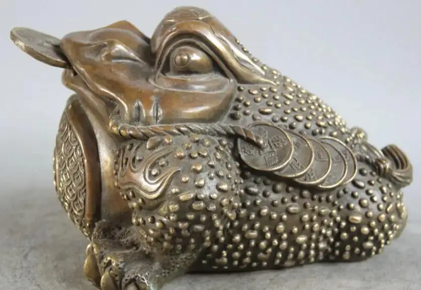 

11" Chinese Bronze Folk Feng Shui Wealth Golden Toad Spittor Statue sculpture