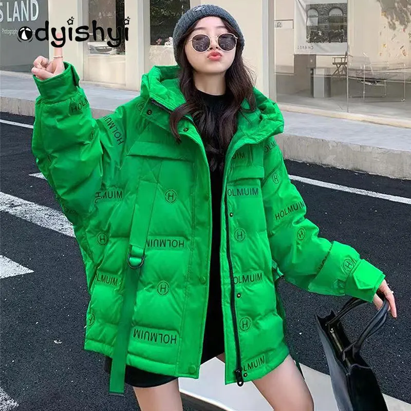 2022 Fashion Glossy Puffer Jacket Women Short Parka Thick Winter Hooded Print Letter White Duck Down Coat Warm Outwear Female