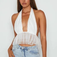 tops for women 2022 european and american womens sexy mesh backless big v neck ruffled halter neck strap vest slim tank top