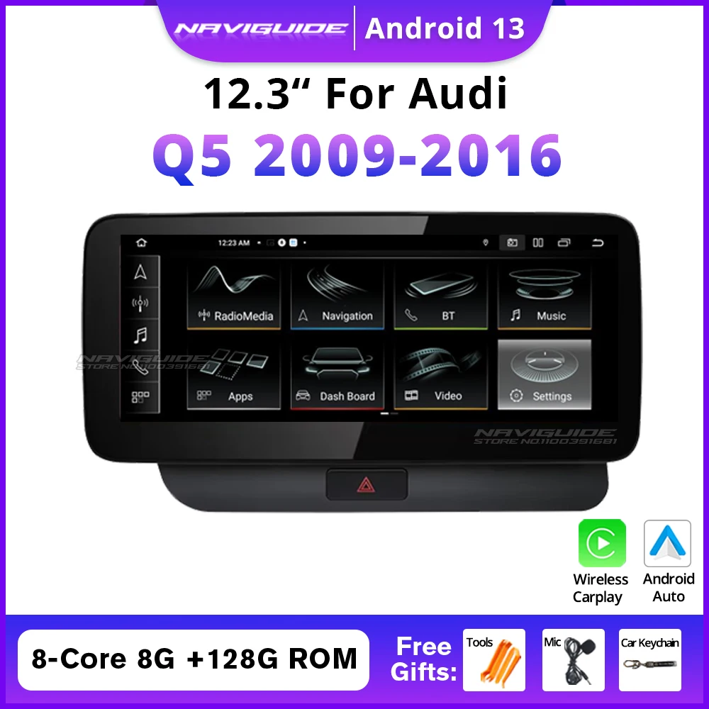 NAVIGUIDE 12 3 дюйма Android 13 для Audi Q5 LHD 2009-2016 Автомобильный радиоприемник GPS Navi