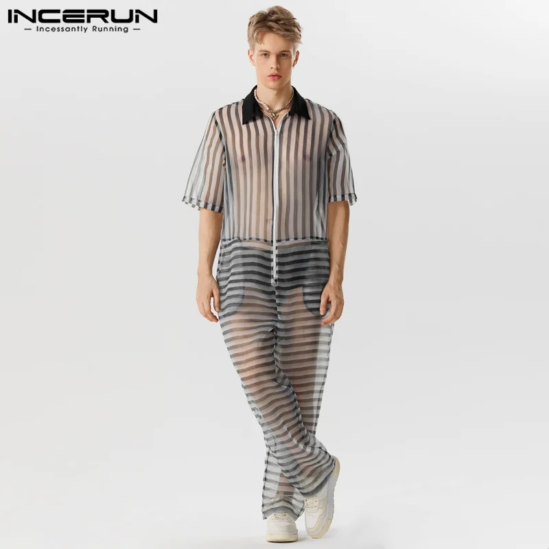 

American Style Men Jumpsuits Sexy Fashion Stripe See-through Mesh Rompers Casual Loose Short Sleeved Bodysuit S-5XL INCERUN 2023