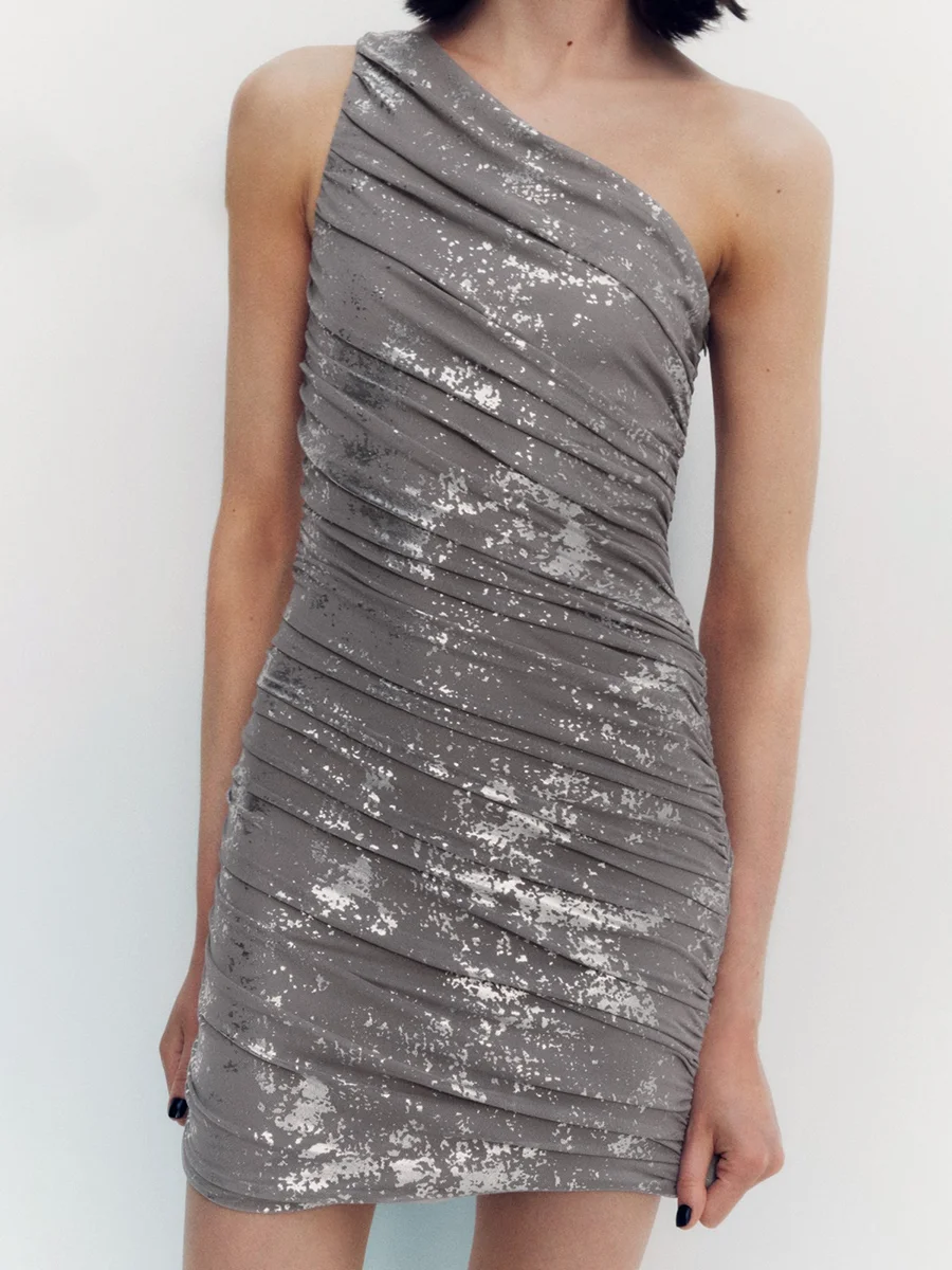 

Silver Mesh Floral Print Slim Mini Dress Woman Diagonal Collar Sleeveless Sexy Short Vestidos Summer 2023 Night Club Dresses