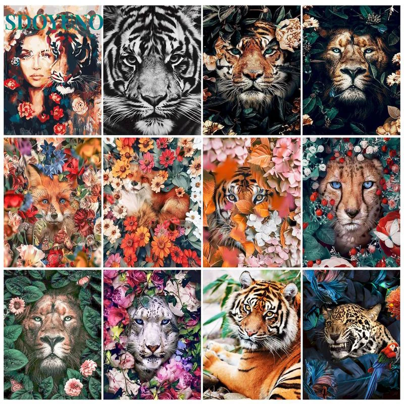 

SDOYUNO Paint By Number Animal Tigers DIY Flower On Canvas Handmade Oil Painting For Adults Kit Picture Coloring By Number Wall