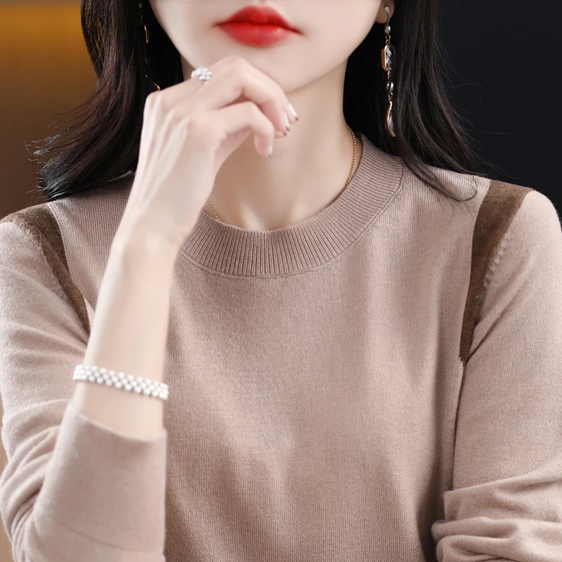 Женский трикотажный шерстяной свитер контрастный тонкий с круглым вырезом