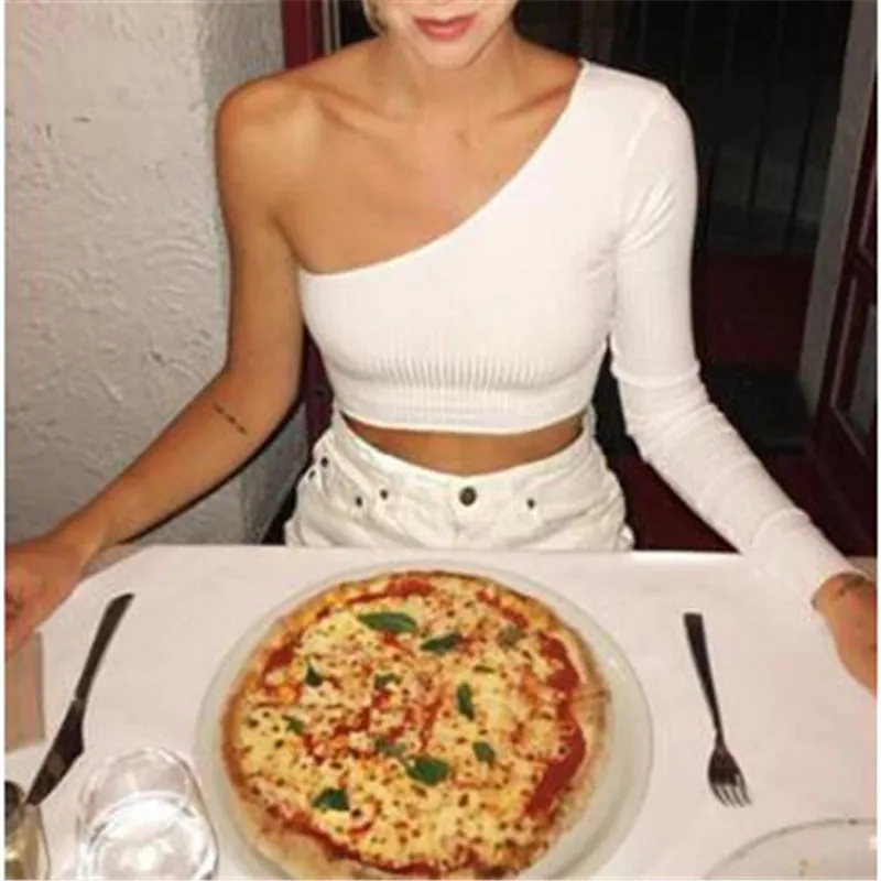 

Off Shoulder Sexy Female Knitted Crop Top Women White Black Tops Streetwear Elastic Short T Shirt Knitting Cropped T-shirt