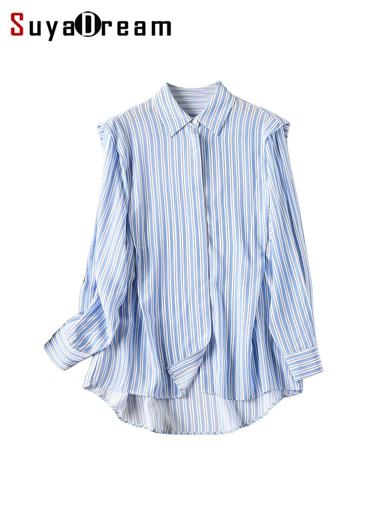 SuyaDream Woman Striped Shirts 100%Pure Silk Long Sleeved Ruffles Blouses 2022 Spring Autumn Chic Clothes Blue