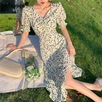 french sweet puff sleeve floral dress for women elegant vintage harajuku casual midi dresses summer 2022 college clothes vestido