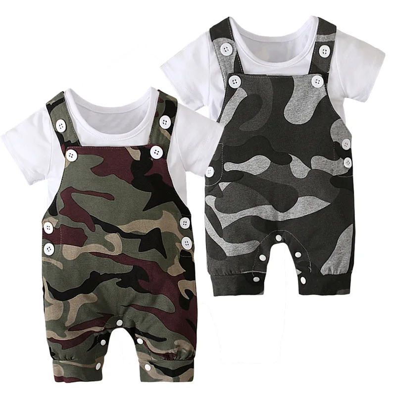 

Summer Baby Clothes 2022 New Star Printed White Tops+Camouflage Overalls 2PCS Sets For Little Boys Jumpsuit Newborn Clothing
