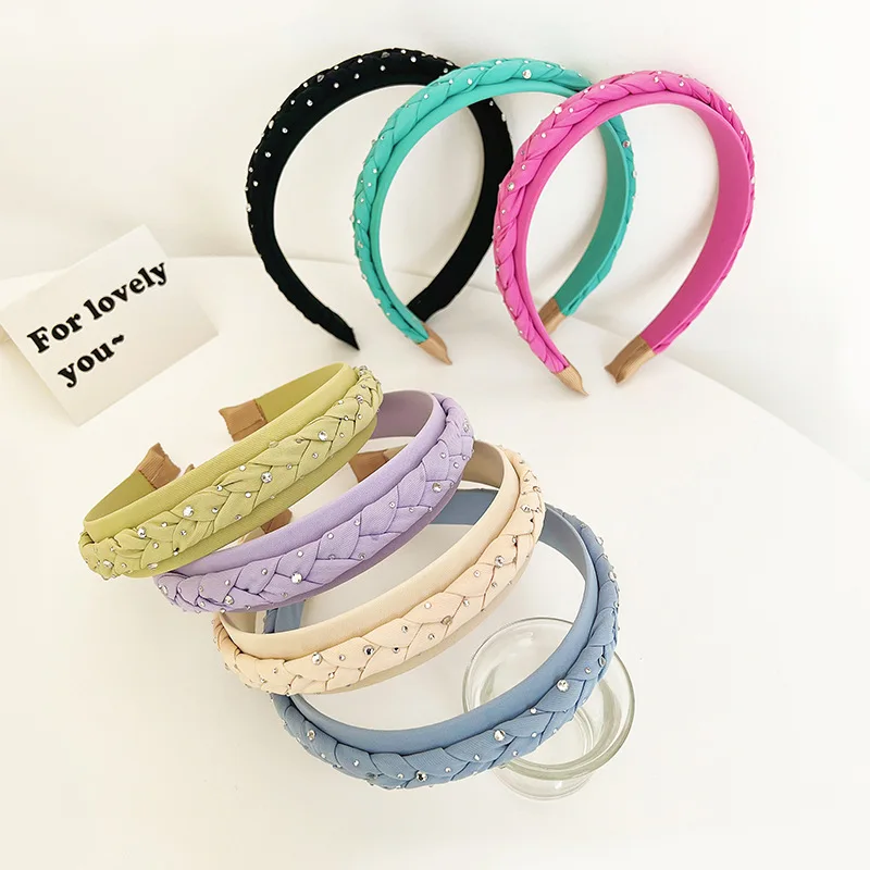 

New hit color twist braid headband female fashion hot drill fabric braided headband hair bundle all-match small face