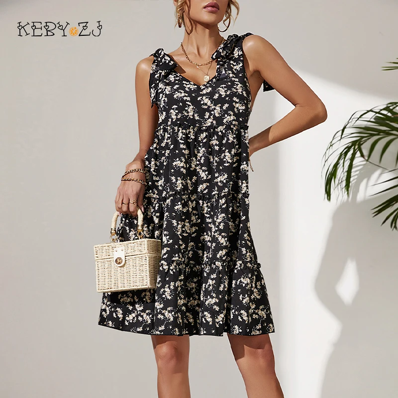 KEBY ZJ Low Price Dress Wholesale Clothing Summer Casual Dresses Black Sleeveless Floral Woman Fashion Short |