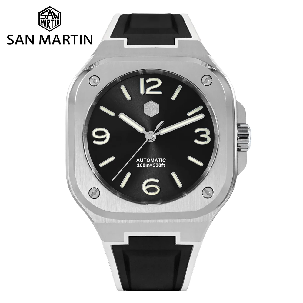 

San Martin New 40mm Luxury Sports Watch Rubber Strap Square Case Automatic Mechanical Watches for Men Sapphire Waterproof 10 Bar