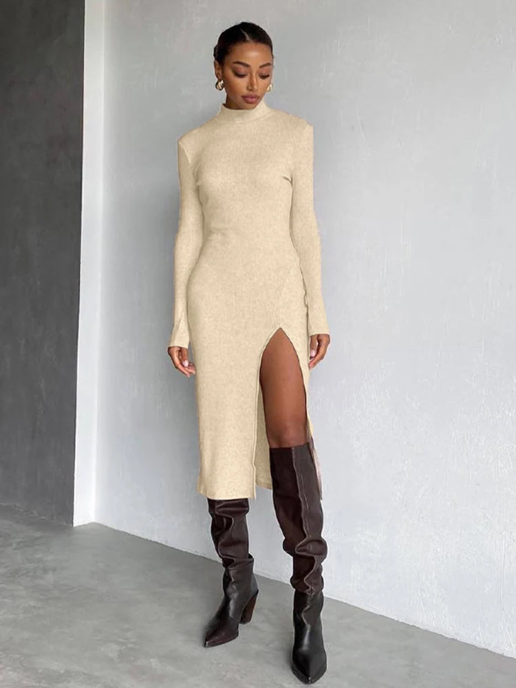 

Elegant Long Sleeve Split Midi Dress 2021 Autumn Outfits for Women Office Lady Ribbed Knitted Dresses Clothes New
