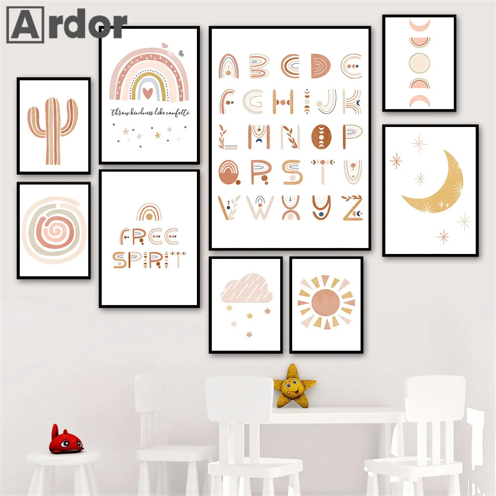 Кактус ABC Алфавит цифры Радуга облако настенная Картина на холсте скандинавские