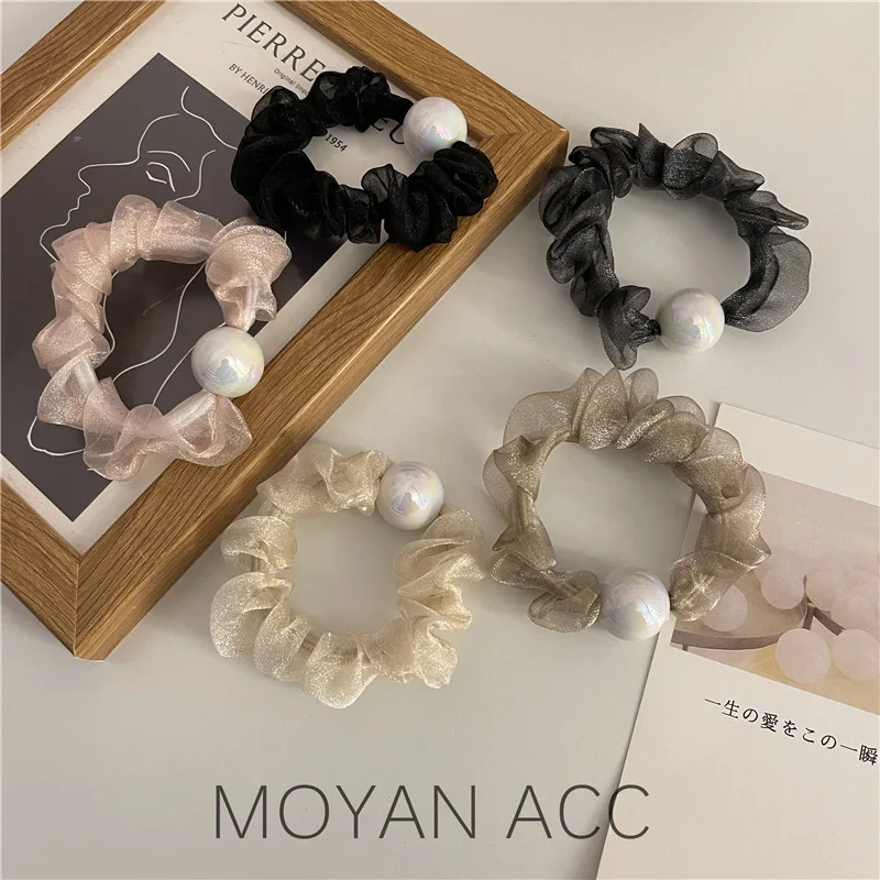 

Large Intestine Hair Band Female Spring and Summer Ponytail Pearl Mesh Head Rope Internet Celebrity Mori Leather Cover Hair-Bind