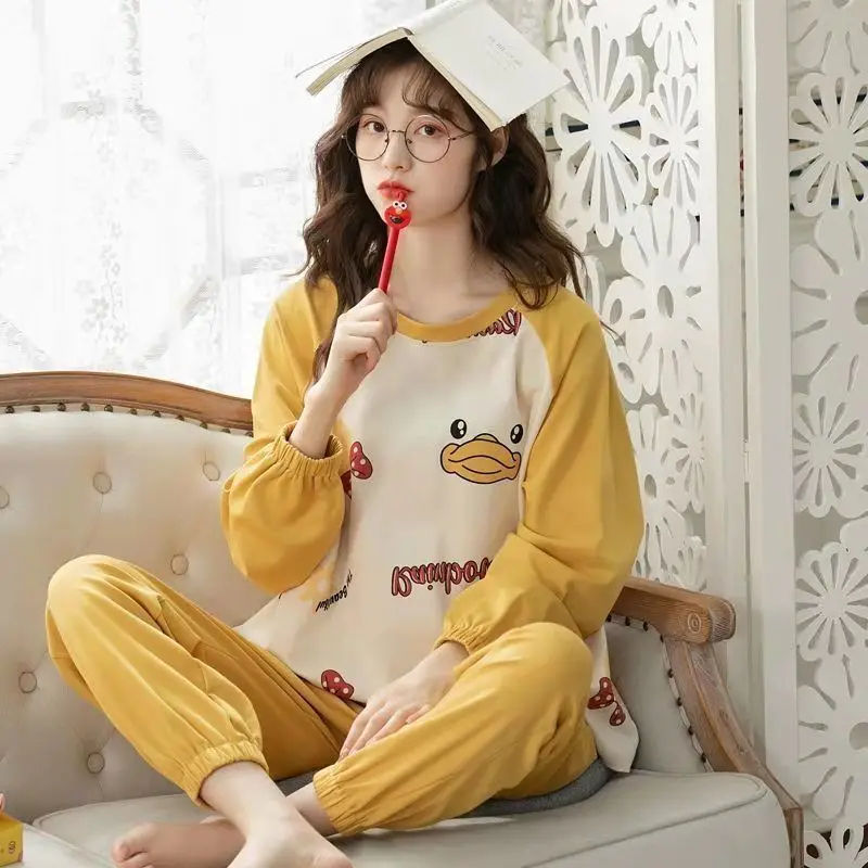 Pajamas Women's Spring Autumn Long Sleeve Loose Sleepwear Pants Cartoon 2 Piece Korean Casual Thin Cute Pijamas Home Clothes Set