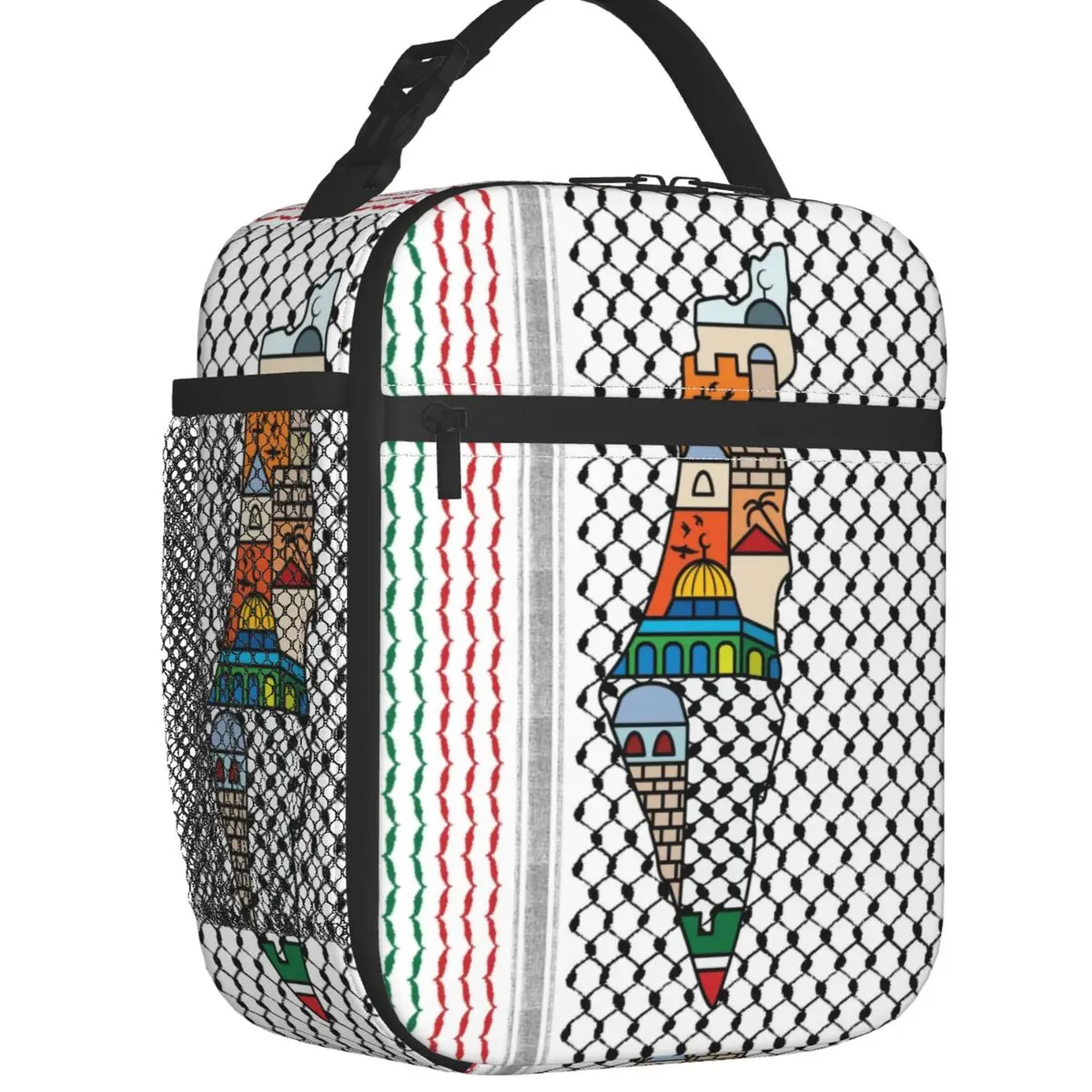 Palestine Map With Kufiya Hatta Thermal Insulated Lunch Bag Sacred Jerusalem Portable Lunch Container Multifunction Food Box