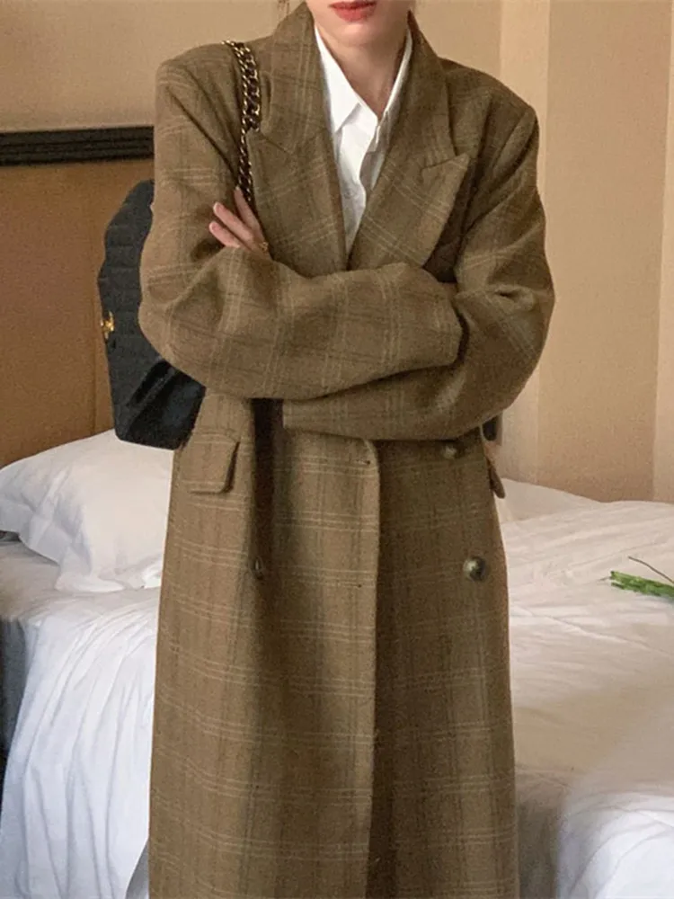GUUZYUVIZ Retro Plaid Suit Coat Female Casual Loose Vintage Turn-down Collar Long Woolen Women Winter Warm Office Overcoat