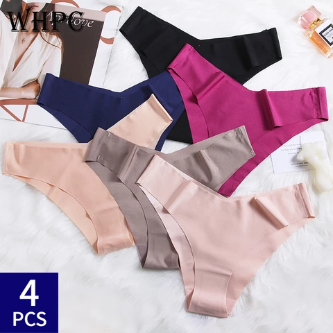 4 Pcs/Set Women's Panties Silk Women Underwear V Shaped Sexy Bikinis Panties 4 Pieces Solid Seamless Female Lingerie Slip Femme