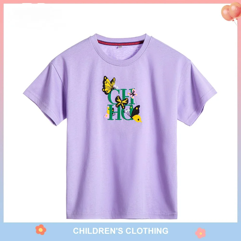 

CHCH Girls' Loose Relaxed Short T-shirt Summer 4-12 Year Old Children's Cartoon Solid Butterfly Embroidery Children's T-shirt
