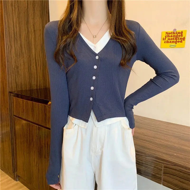 

Yasuk Autumn Winter Fashion Casual Pullover Women's Slim All Match Simple Top Fake Two Piece SuiT Gentle Button