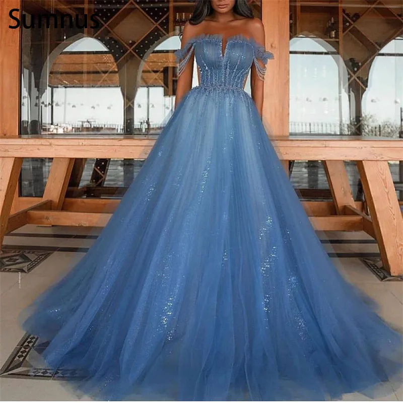 

Sumnus Elegant Off The Shoulder Glitter Prom Dresses 2022 Beading Tulle V-Neckline Robes De Soirée Formal Occasion Custom Made