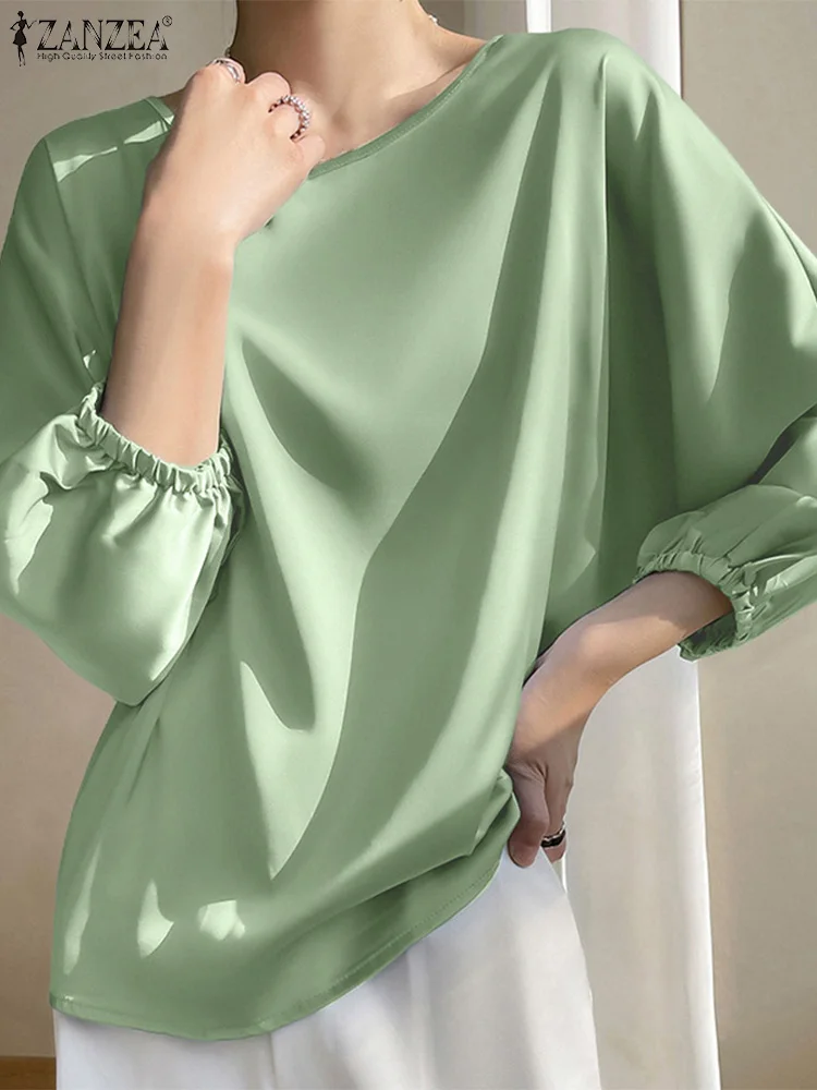 

ZANZEA Fashion Puff Sleeve Blouse Summer O-Neck Satin Tunic Tops Female Elegant Holiday Shirt Woman Casual Solid Color Chemise