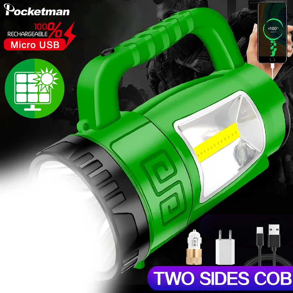 

Solar double-sided searchlight, internal power output four-speed tail hook portable with strap + USB cable LED flashlight