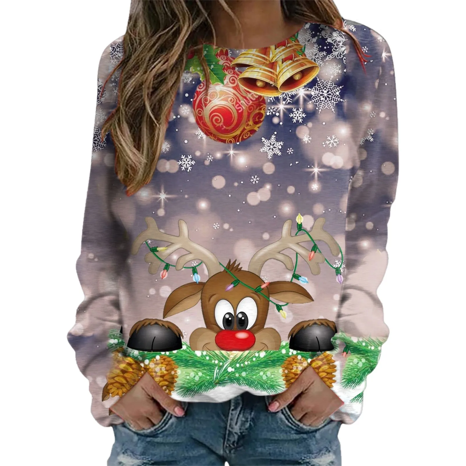 

Womens Autumn Winter Casual Sweatshirt Christmas Printed Long Sleeve Pullover Sweatshirt Fashion Tunic