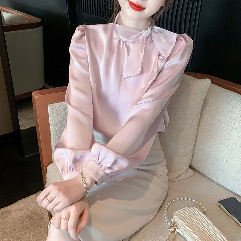 

2023 Spring Autumn New Women's Korean Bow Neck Solid Blouse Female's Long Sleeve O-Neck Office Lady Tops Shirt News Female M90